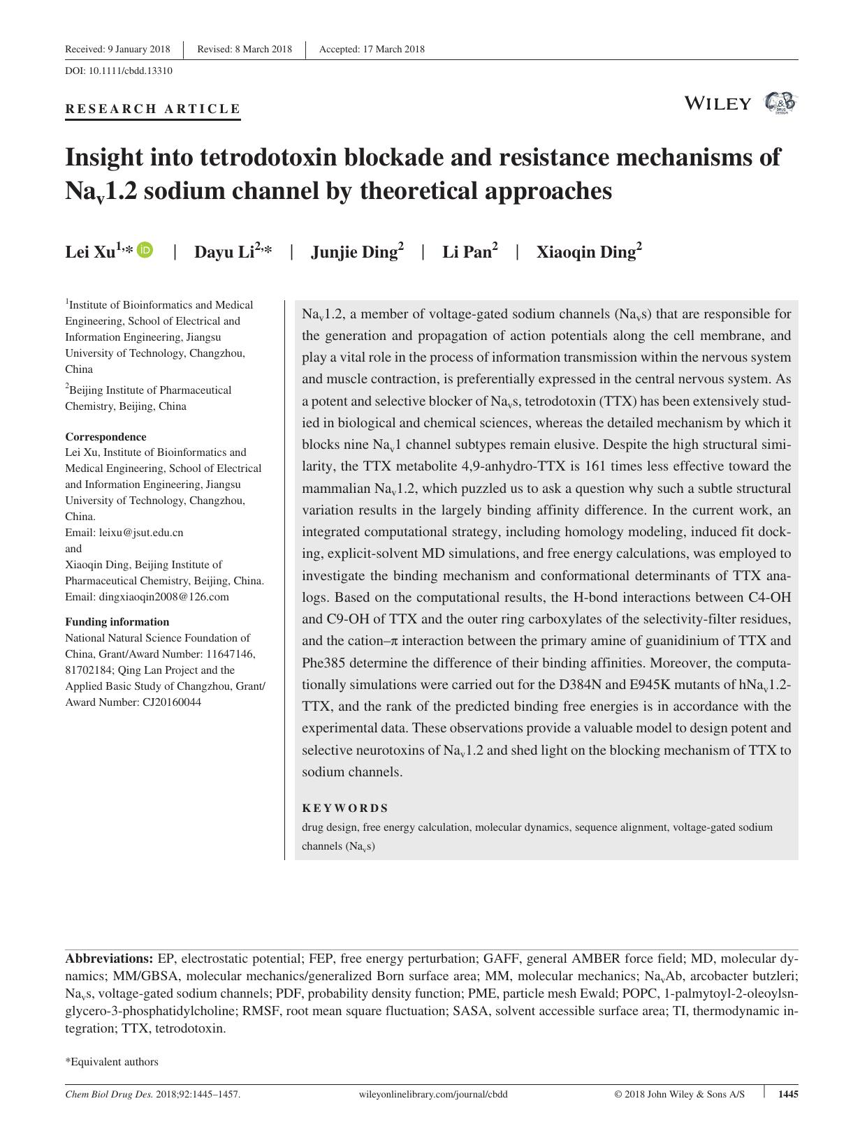 Insight into tetrodotoxin blockade and resistance mechanisms of Nav1.2 sodium channel by theoretical approaches by unknow