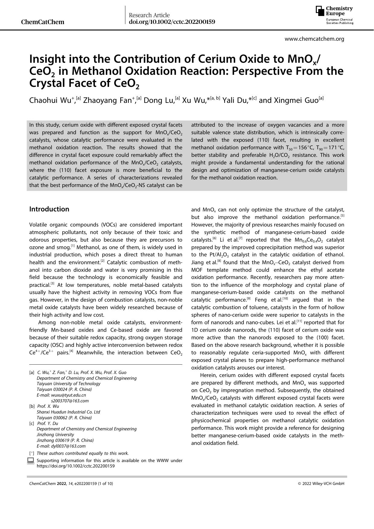 Insight into the Contribution of Cerium Oxide to MnOxCeO2 in Methanol Oxidation Reaction: Perspective From the Crystal Facet of CeO2 by Unknown
