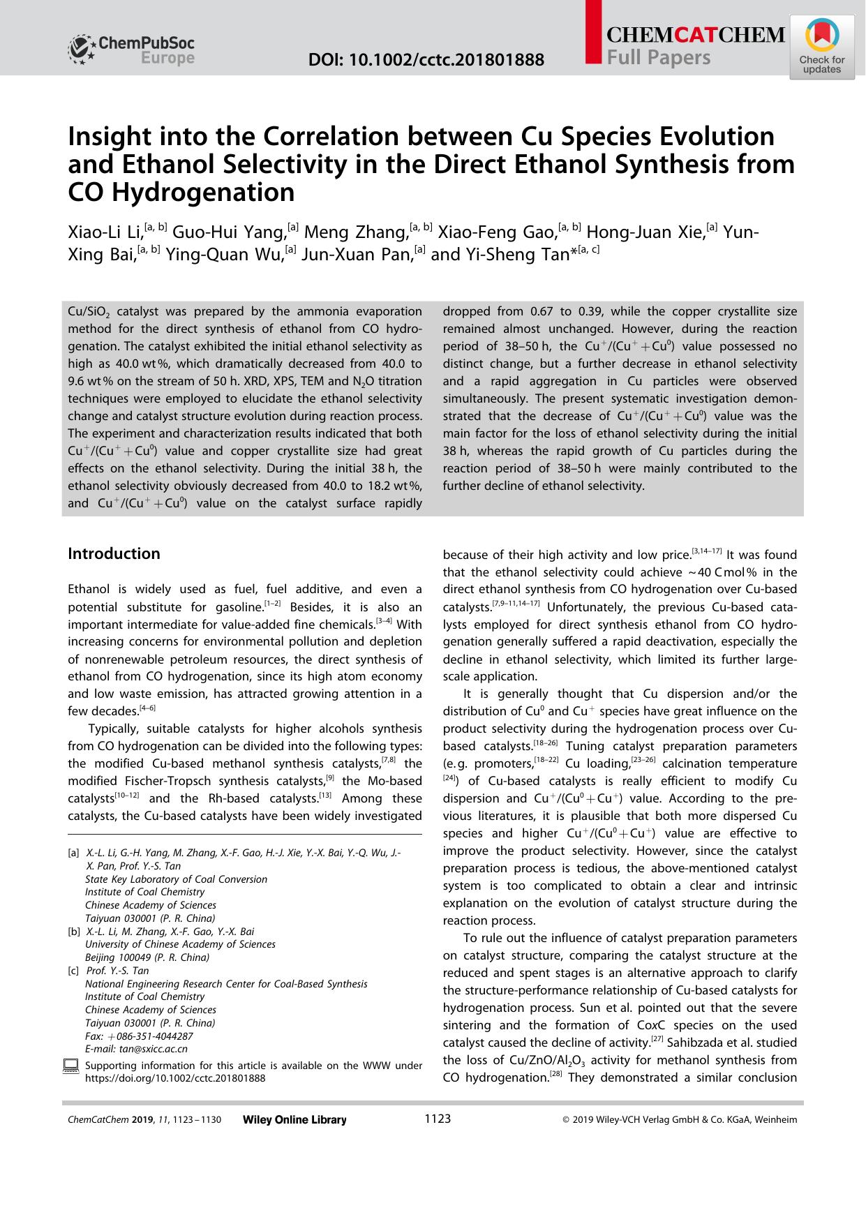 Insight into the Correlation between Cu Species Evolution and Ethanol Selectivity in the Direct Ethanol Synthesis from CO Hydrogenation by Unknown