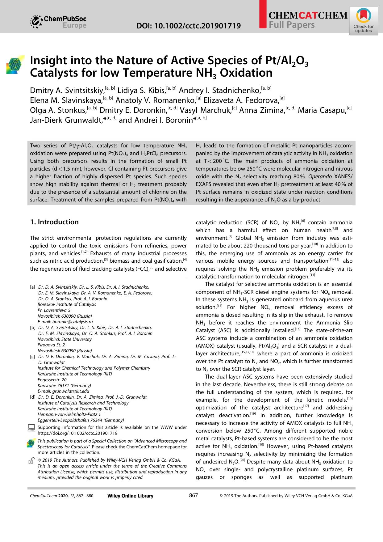 Insight into the Nature of Active Species of PtAl2O3 Catalysts for low Temperature NH3 Oxidation by Unknown