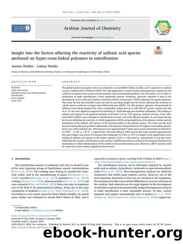 Insight into the factors affecting the reactivity of sulfonic acid species anchored on hyper-cross-linked polymers in esterification by Joanna Wolska & Lukasz Wolski