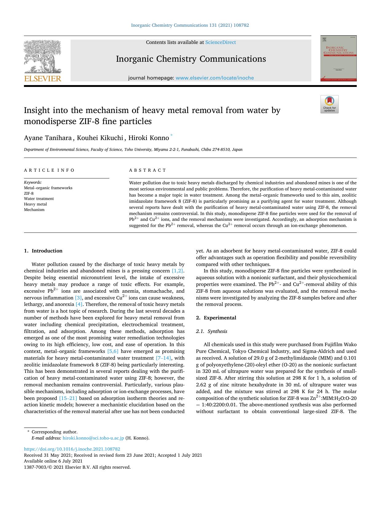 Insight into the mechanism of heavy metal removal from water by monodisperse ZIF-8 fine particles by Ayane Tanihara