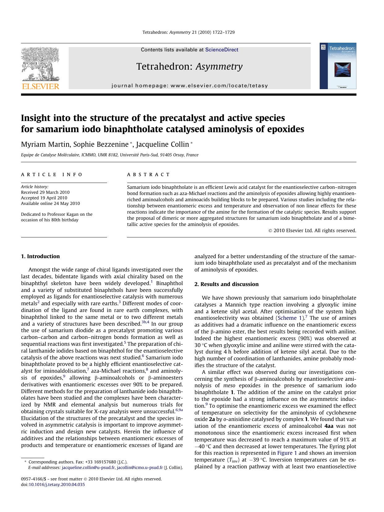 Insight into the structure of the precatalyst and active species for samarium iodo binaphtholate catalysed aminolysis of epoxides by Myriam Martin & Sophie Bezzenine & Jacqueline Collin