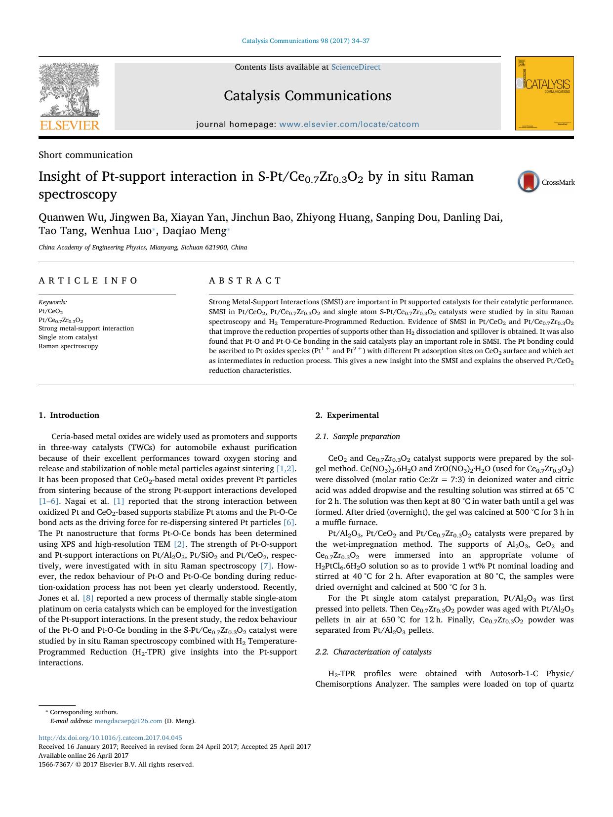 Insight of Pt-support interaction in S-PtCe0.7Zr0.3O2 by in situ Raman spectroscopy by unknow