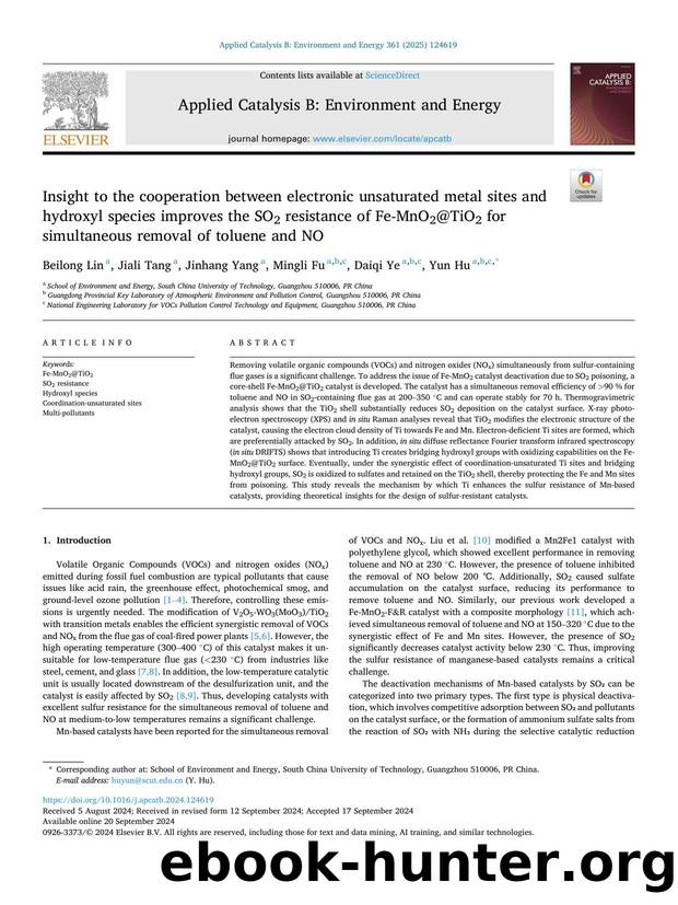 Insight to the cooperation between electronic unsaturated metal sites and hydroxyl species improves the SO2 resistance of Fe-MnO2@TiO2 for simultaneous removal of toluene and NO by Beilong Lin & Jiali Tang & Jinhang Yang & Mingli Fu & Daiqi Ye & Yun Hu