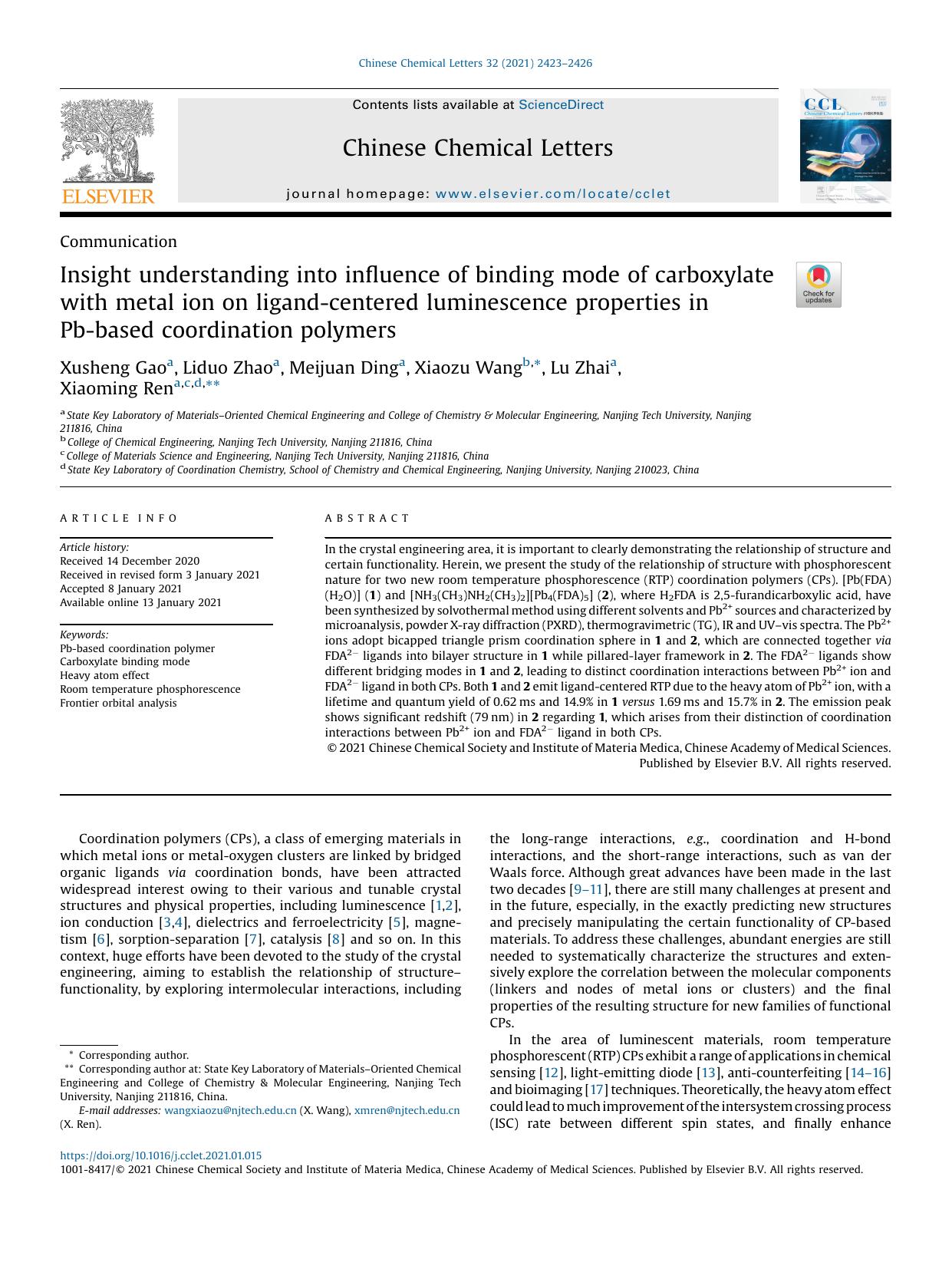 Insight understanding into influence of binding mode of carboxylate with metal ion on ligand-centered luminescence properties in Pb-based coordination polymers by Xusheng Gao & Liduo Zhao & Meijuan Ding & Xiaozu Wang & Lu Zhai & Xiaoming Ren