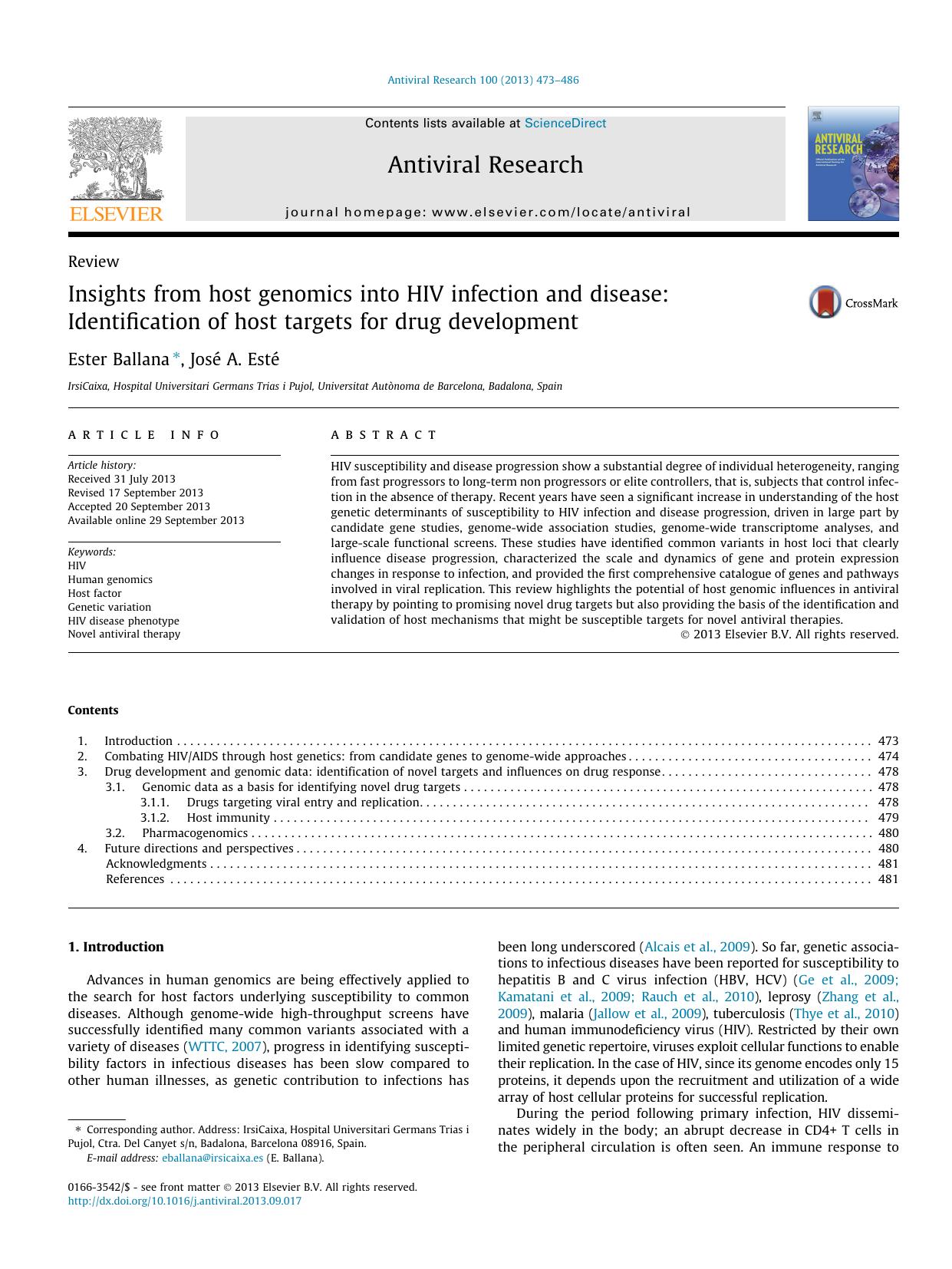Insights from host genomics into HIV infection and disease: Identification of host targets for drug development by Ester Ballana & José A. Esté