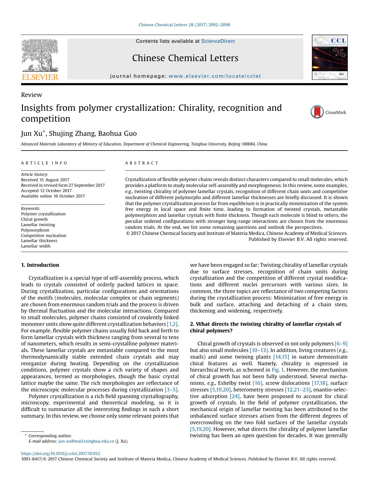 Insights from polymer crystallization: Chirality, recognition and competition by Jun Xu & Shujing Zhang & Baohua Guo