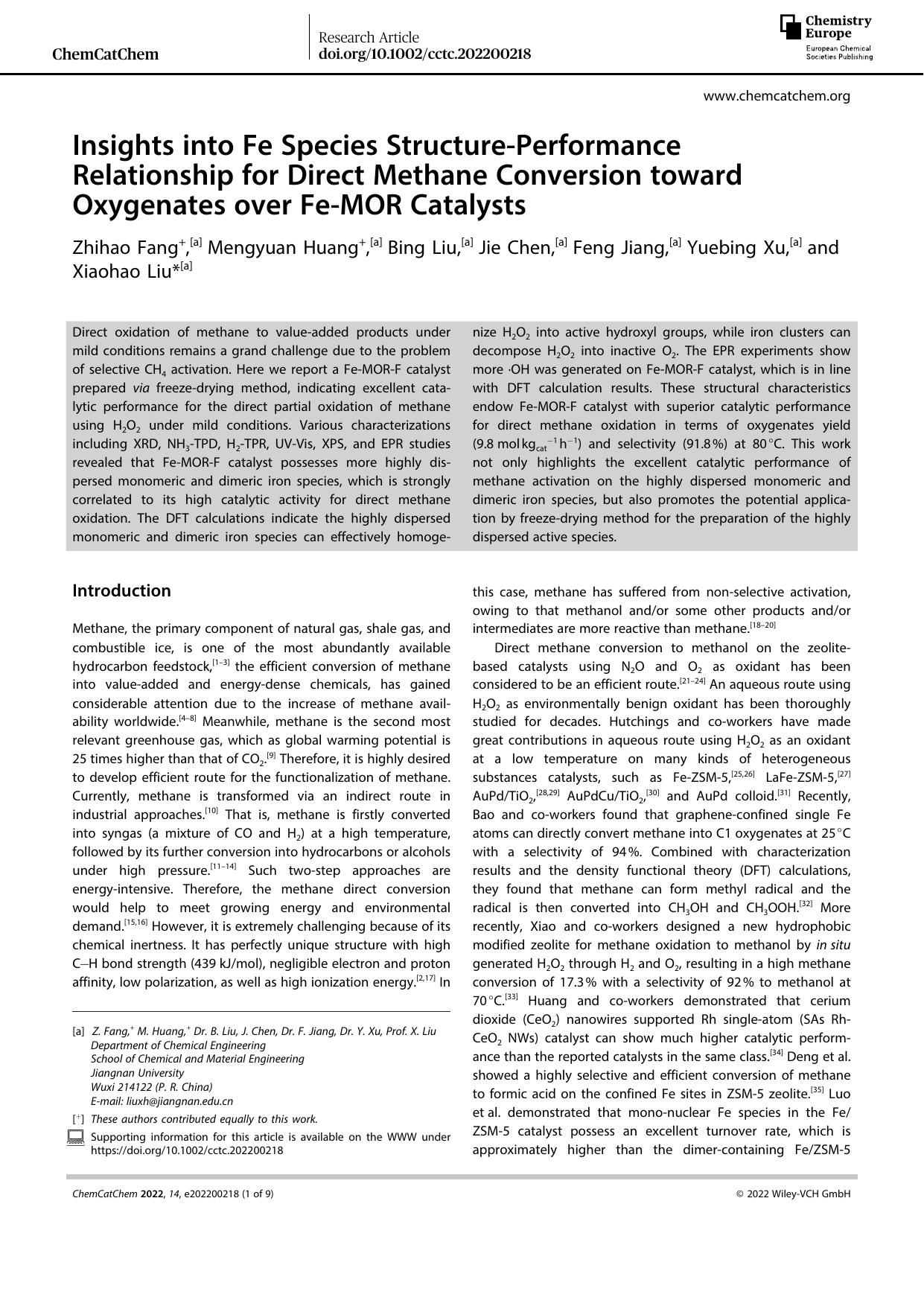 Insights into Fe Species StructureâPerformance Relationship for Direct Methane Conversion toward Oxygenates over FeâMOR Catalysts by Unknown