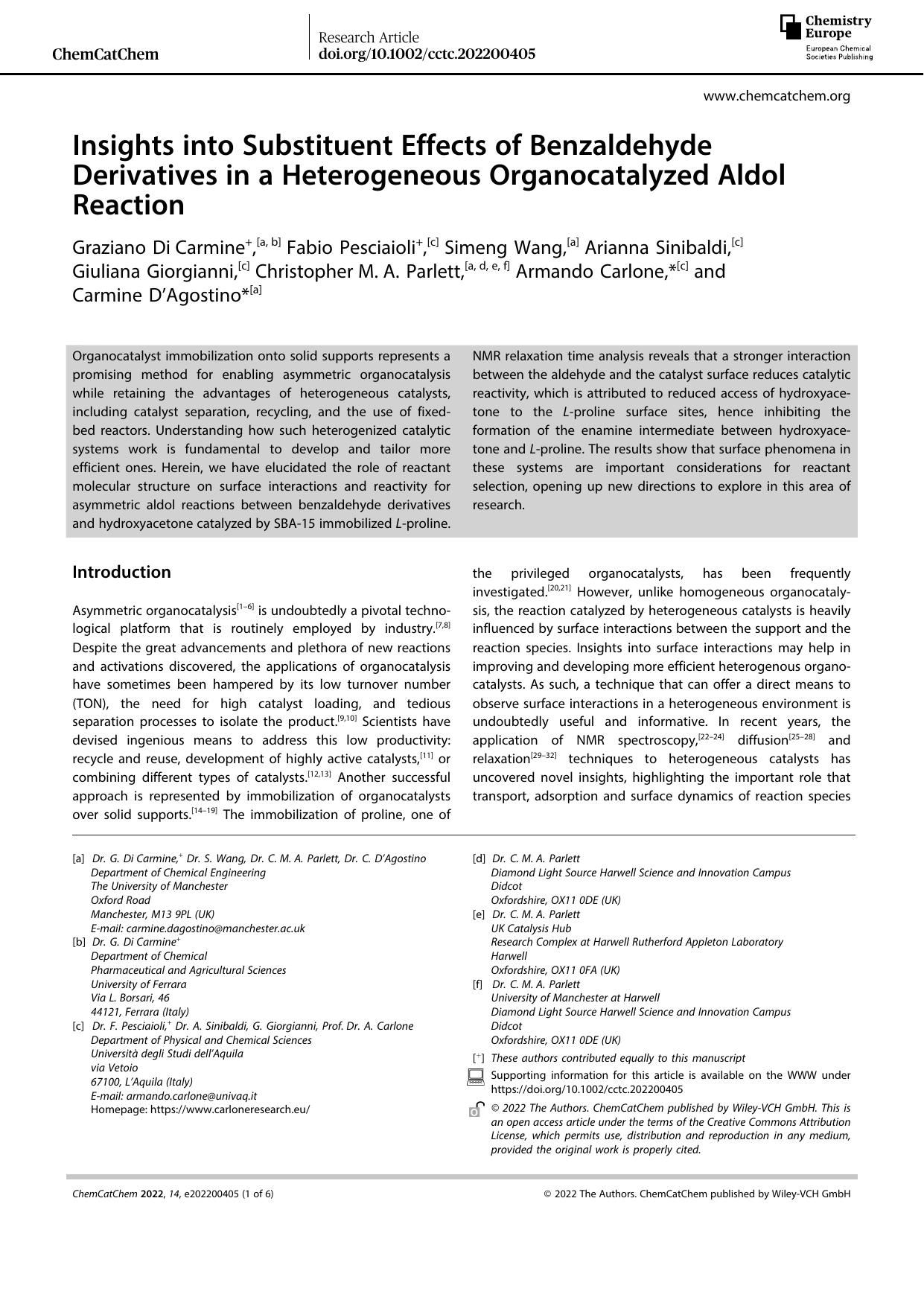 Insights into Substituent Effects of Benzaldehyde Derivatives in a Heterogeneous Organocatalyzed Aldol Reaction by Unknown