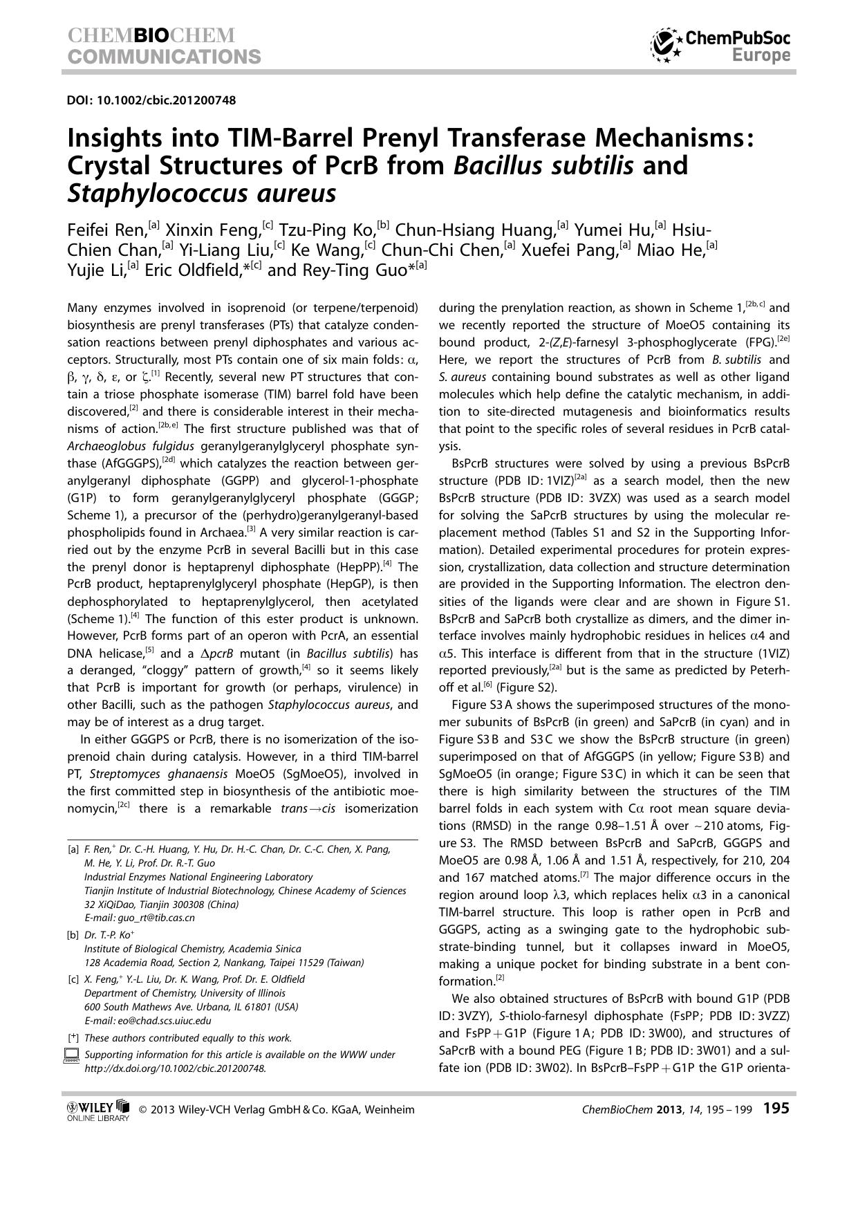 Insights into TIMBarrel Prenyl Transferase Mechanisms: Crystal Structures of PcrB from Bacillus subtilis and Staphylococcus aureus by Unknown