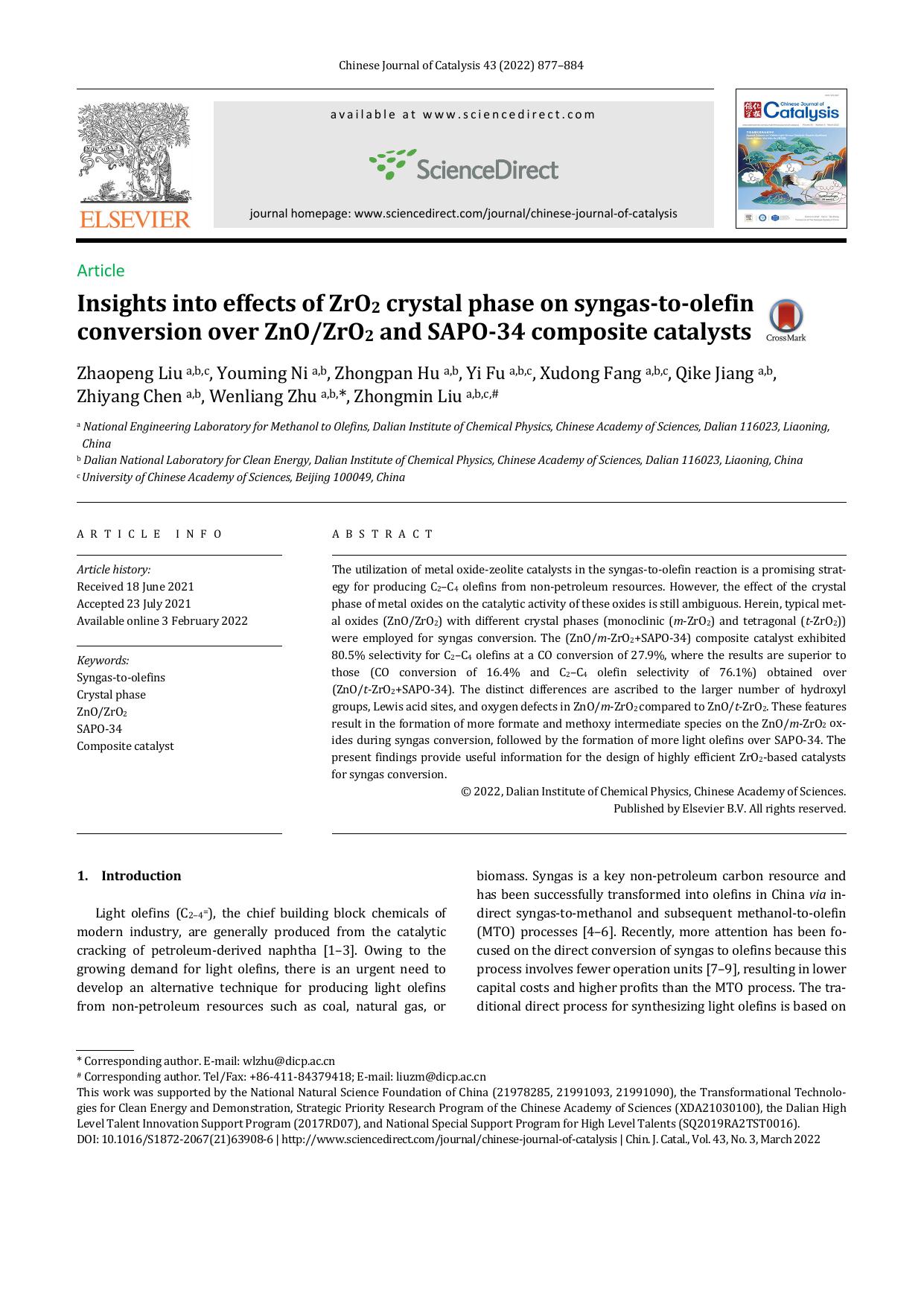 Insights into effects of ZrO2 crystal phase on syngas-to-olefin conversion over ZnOZrO2 and SAPO-34 composite catalysts by unknow