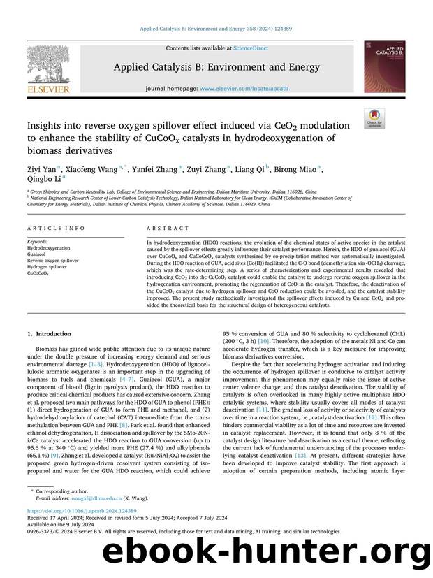 Insights into reverse oxygen spillover effect induced via CeO2 modulation to enhance the stability of CuCoOx catalysts in hydrodeoxygenation of biomass derivatives by Ziyi Yan & Xiaofeng Wang & Yanfei Zhang & Zuyi Zhang & Liang Qi & Birong Miao & Qingbo Li