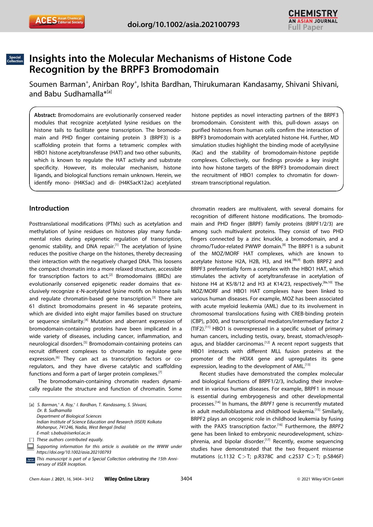 Insights into the Molecular Mechanisms of Histone Code Recognition by the BRPF3 Bromodomain by Unknown