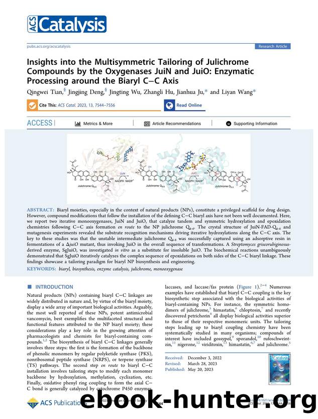 Insights into the Multisymmetric Tailoring of Julichrome Compounds by the Oxygenases JuiN and JuiO: Enzymatic Processing around the Biaryl CâC Axis by Qingwei Tian Jingjing Deng Jingting Wu Zhangli Hu Jianhua Ju and Liyan Wang
