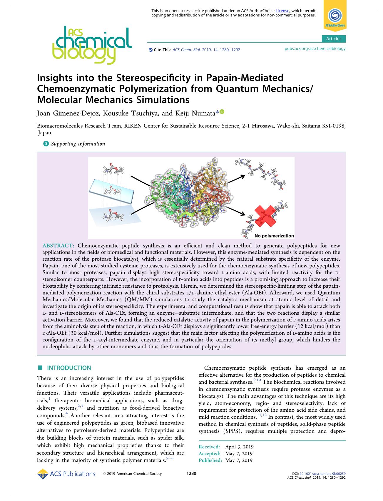 Insights into the Stereospecificity in Papain-Mediated Chemoenzymatic Polymerization from Quantum MechanicsMolecular Mechanics Simulations by Joan Gimenez-Dejoz Kousuke Tsuchiya and Keiji Numata