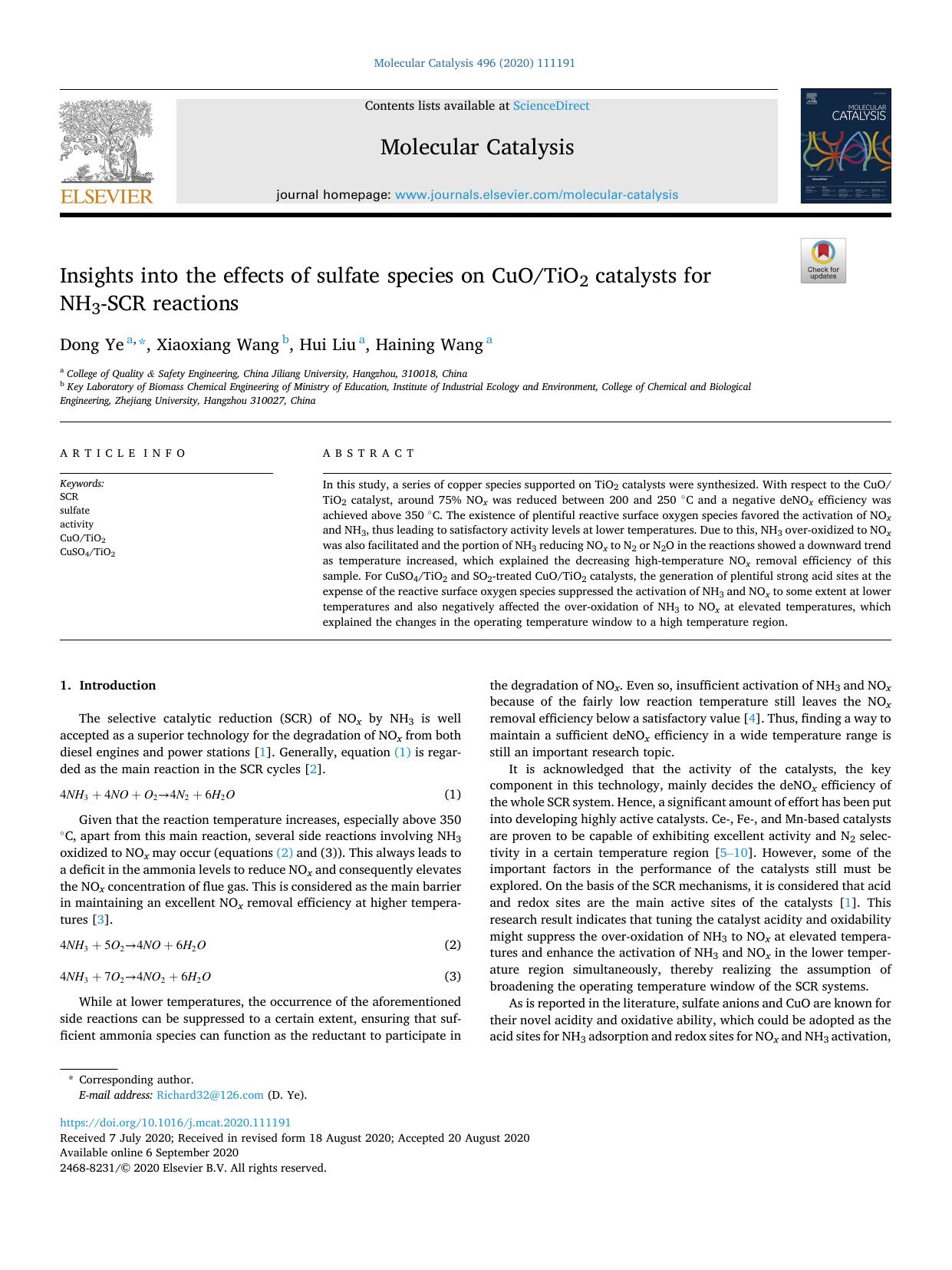 Insights into the effects of sulfate species on CuOTiO2 catalysts for NH3-SCR reactions by Dong Ye & Xiaoxiang Wang & Hui Liu & Haining Wang
