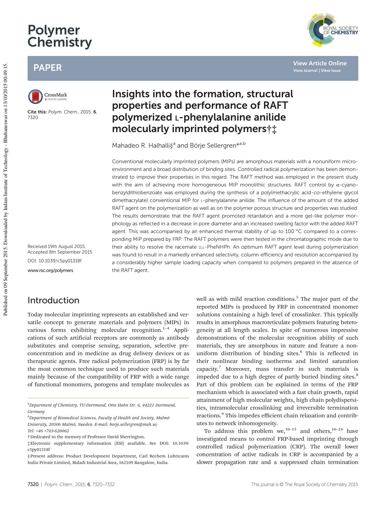Insights into the formation, structural properties and performance of RAFT polymerized L-phenylalanine anilide molecularly imprinted polymers by Mahadeo R. Halhalli Börje Sellergren