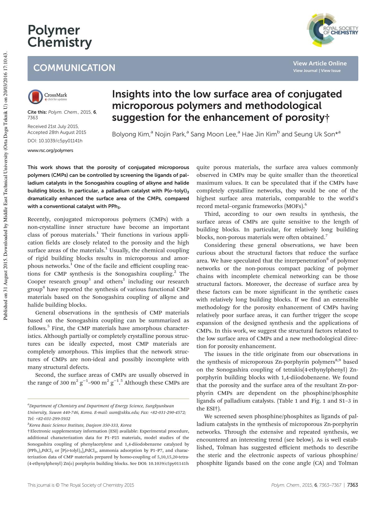 Insights into the low surface area of conjugated microporous polymers and methodological suggestion for the enhancement of porosity by Bolyong Kim Nojin Park Sang Moon Lee Hae Jin Kim Seung Uk Son