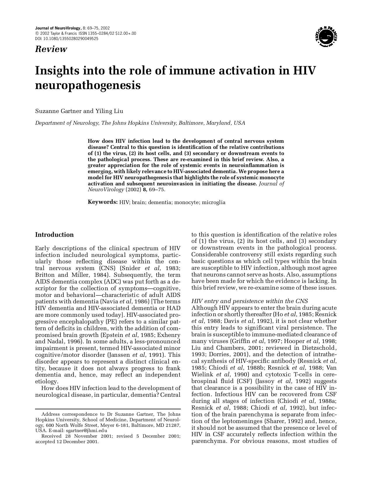 Insights into the role of immune activation in HIV neuropathogenesis by Unknown