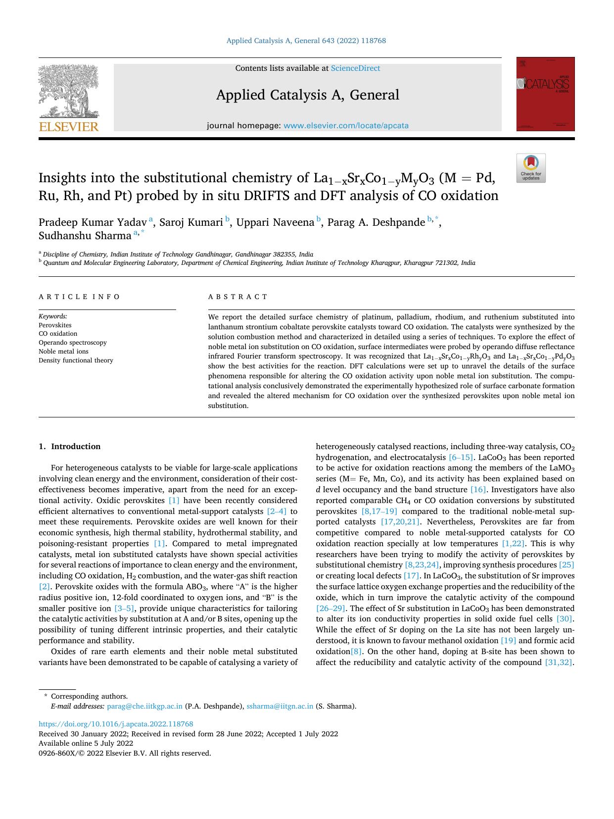 Insights into the substitutional chemistry of La1âxSrxCo1âyMyO3 (M = Pd, Ru, Rh, and Pt) probed by in situ DRIFTS and DFT analysis of CO oxidation by Pradeep Kumar Yadav & Saroj Kumari & Uppari Naveena & Parag A. Deshpande & Sudhanshu Sharma