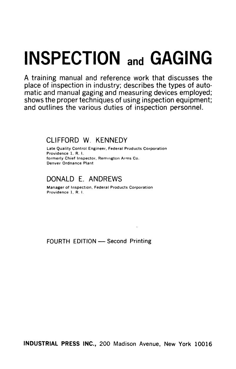 Inspection and Gaging by Clifford W. Kennedy Donald E. Andrews