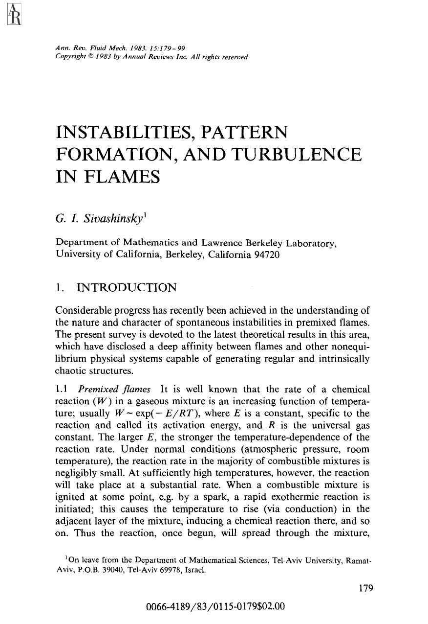 Instabilities, Pattern Formation, and Turbulence in Flames by G I Sivashinsky
