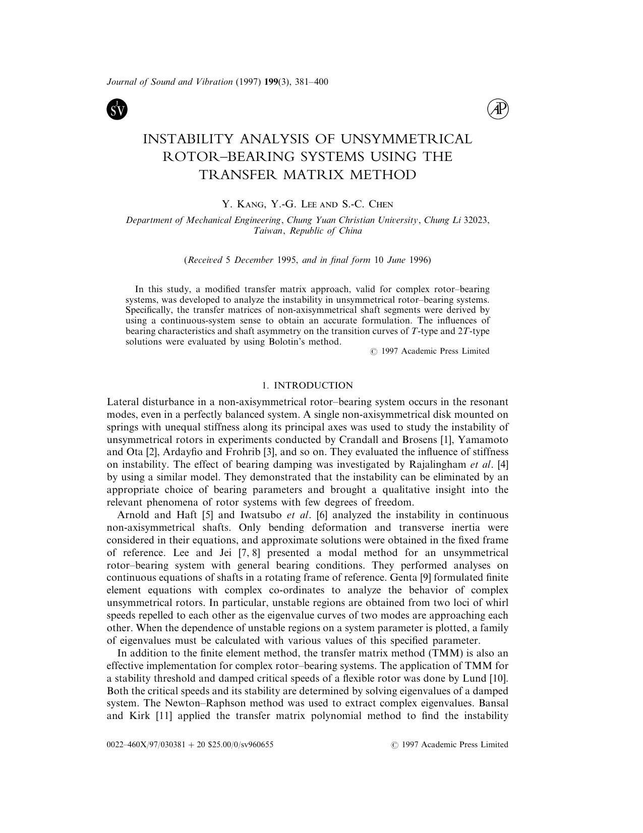 Instability Analysis of Unsymmetrical Rotor-Bearing Systems Using the Transfer Matrix Method by Kang Y. et al