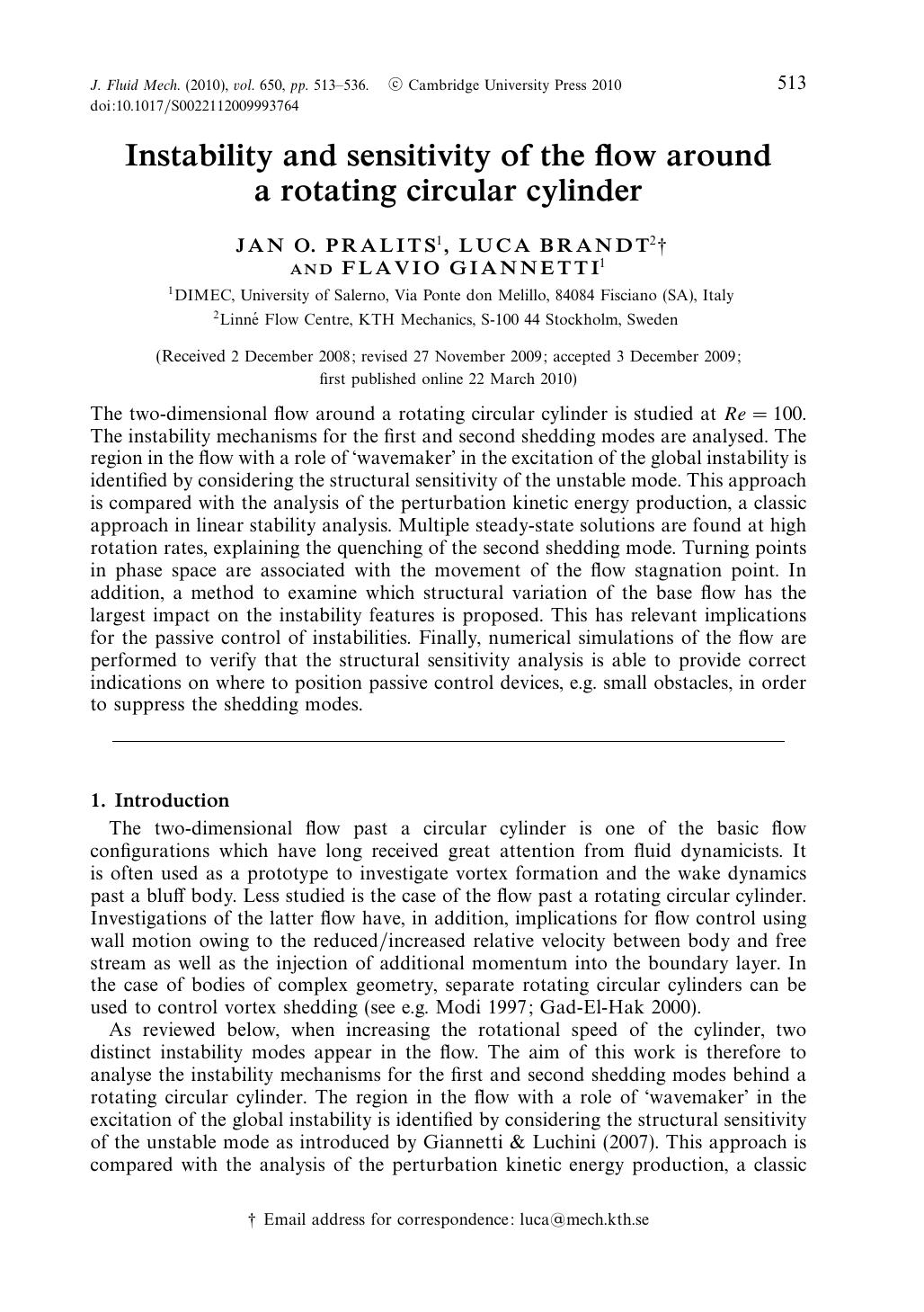 Instability and sensitivity of the flow around a rotating circular cylinder by JAN O. PRALITS LUCA BRANDT FLAVIO GIANNETTI