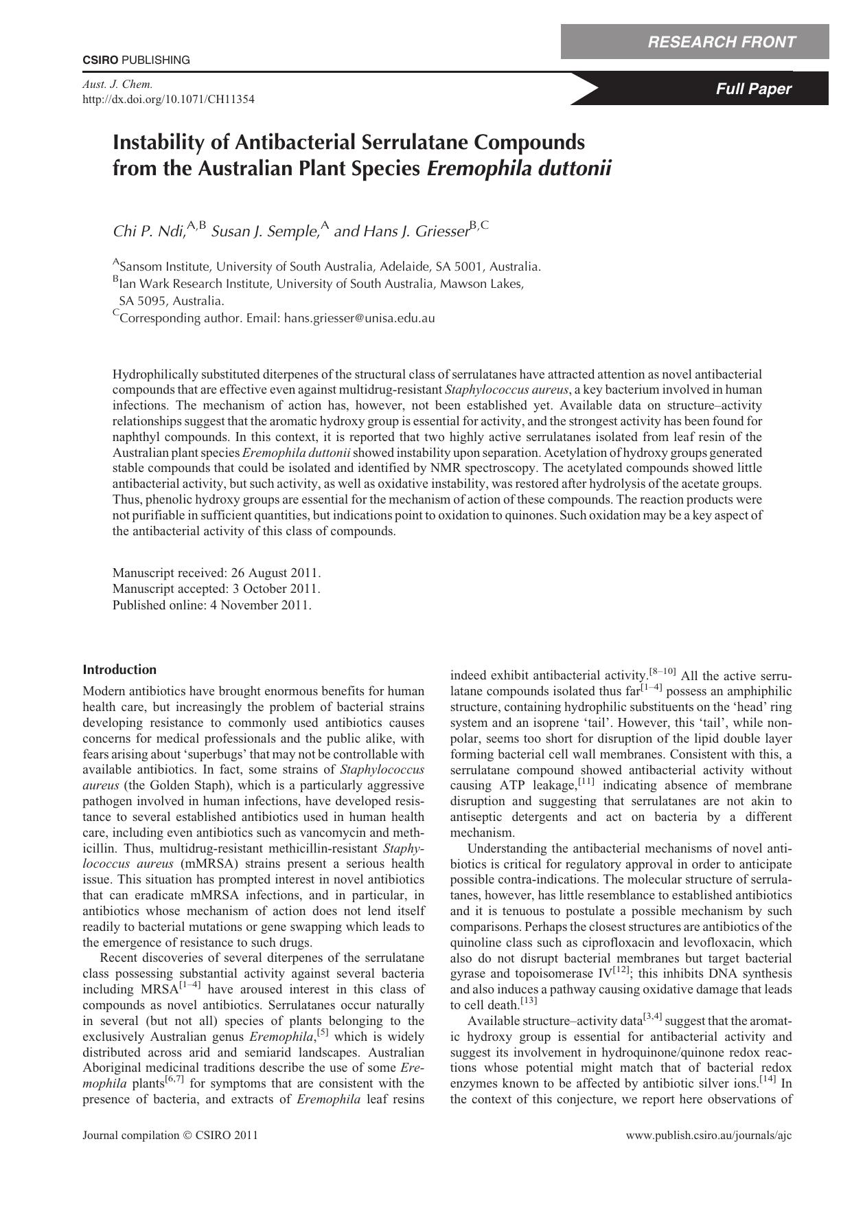 Instability of Antibacterial Serrulatane Compounds from the Australian Plant Species Eremophila duttonii by C. P. Ndi S. J. Semple and H. J. Griesser