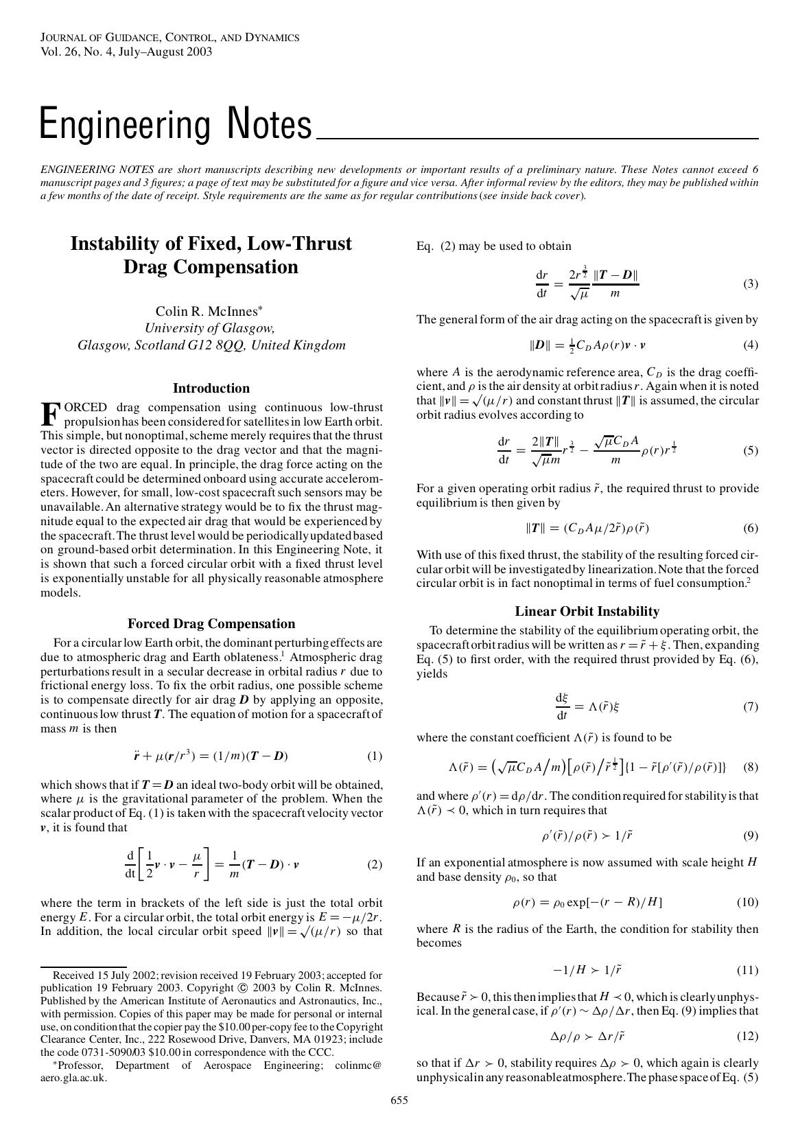 Instability of Fixed, Low-Thrust Drag Compensation by Unknown