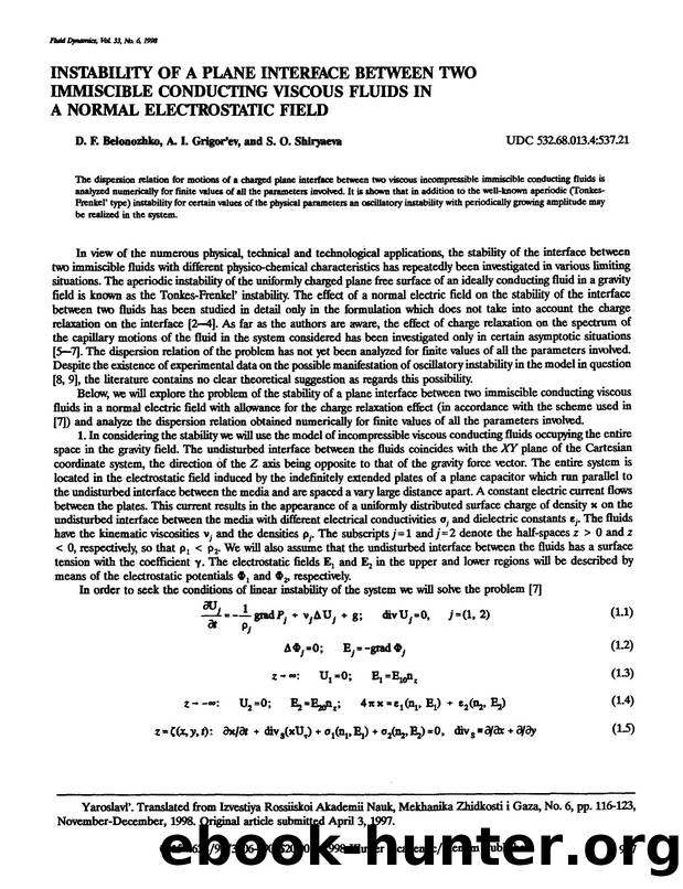 Instability of a plane interface between two immiscible conducting viscous fluids in a normal electrostatic field by Unknown