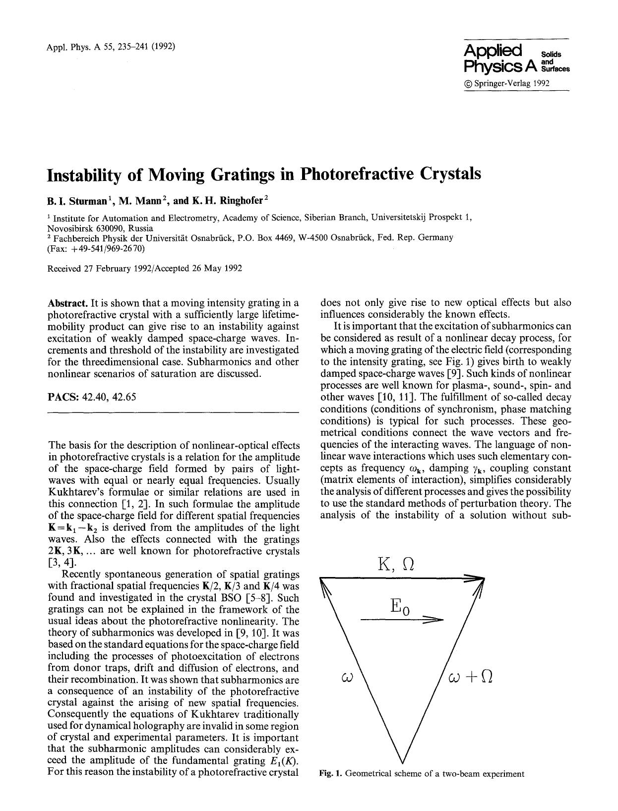 Instability of moving gratings in photorefractive crystals by Unknown