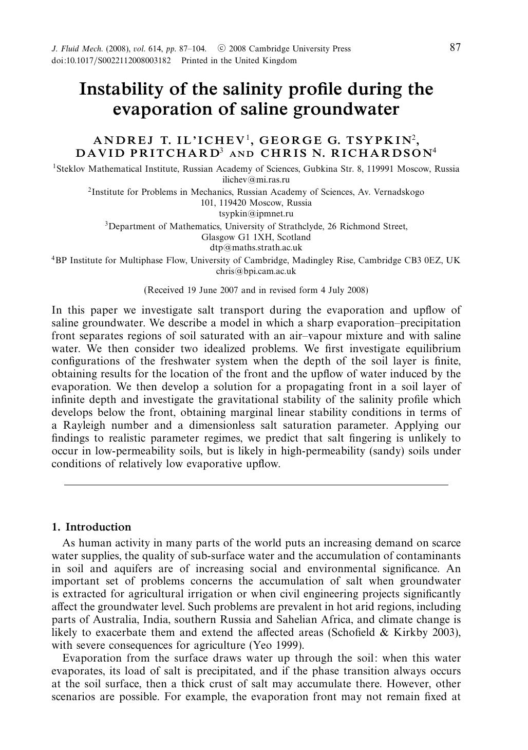 Instability of the salinity profile during the evaporation of saline groundwater by ANDREJ T. IL'ICHEV GEORGE G. TSYPKIN DAVID PRITCHARD CHRIS N. RICHARDSON