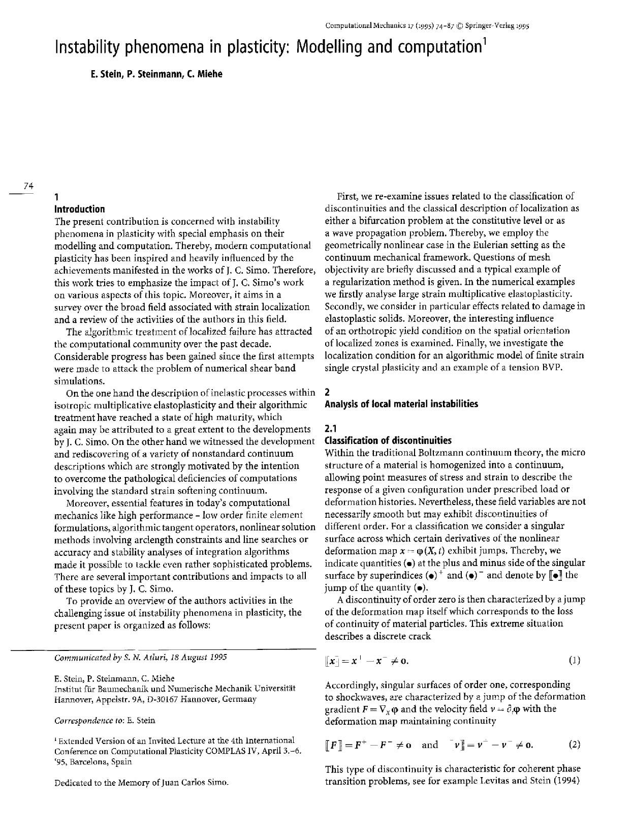 Instability phenomena in plasticity: Modelling and computation by Unknown