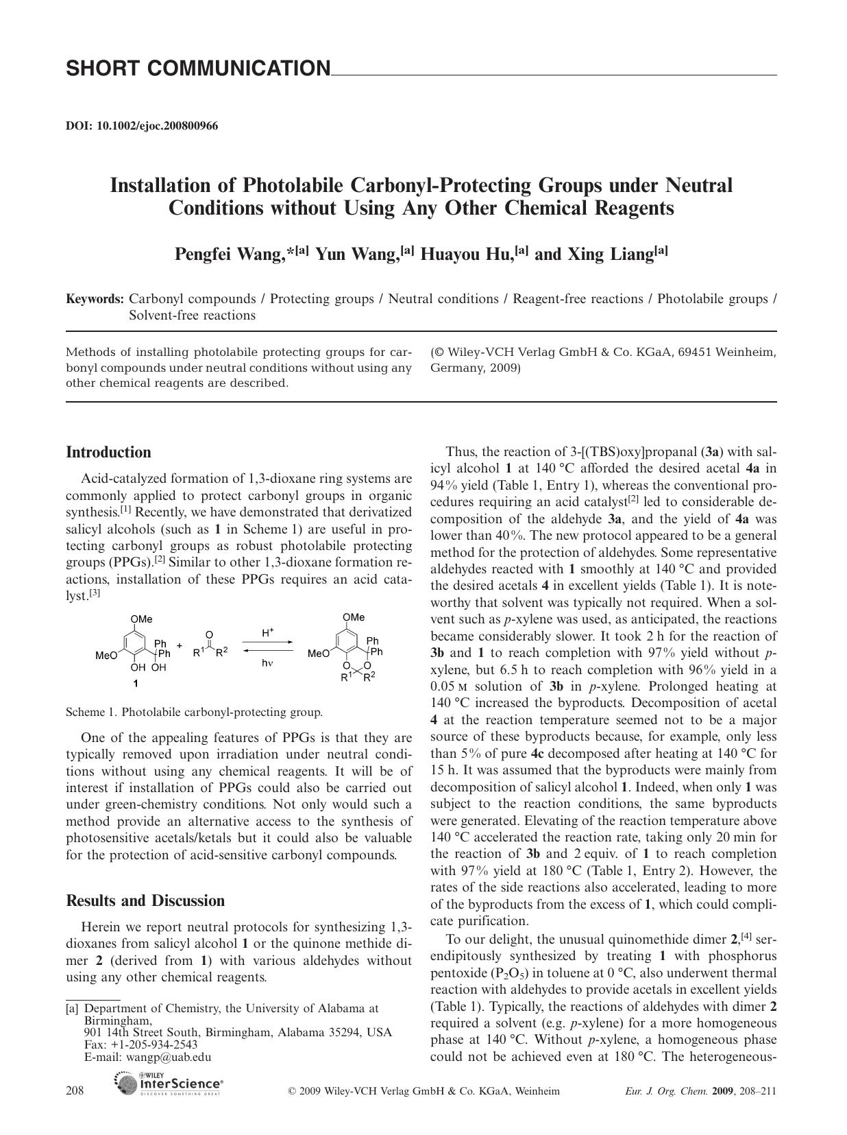 Installation of Photolabile Carbonyl-Protecting Groups under Neutral Conditions without Using Any Other Chemical Reagents by Unknown