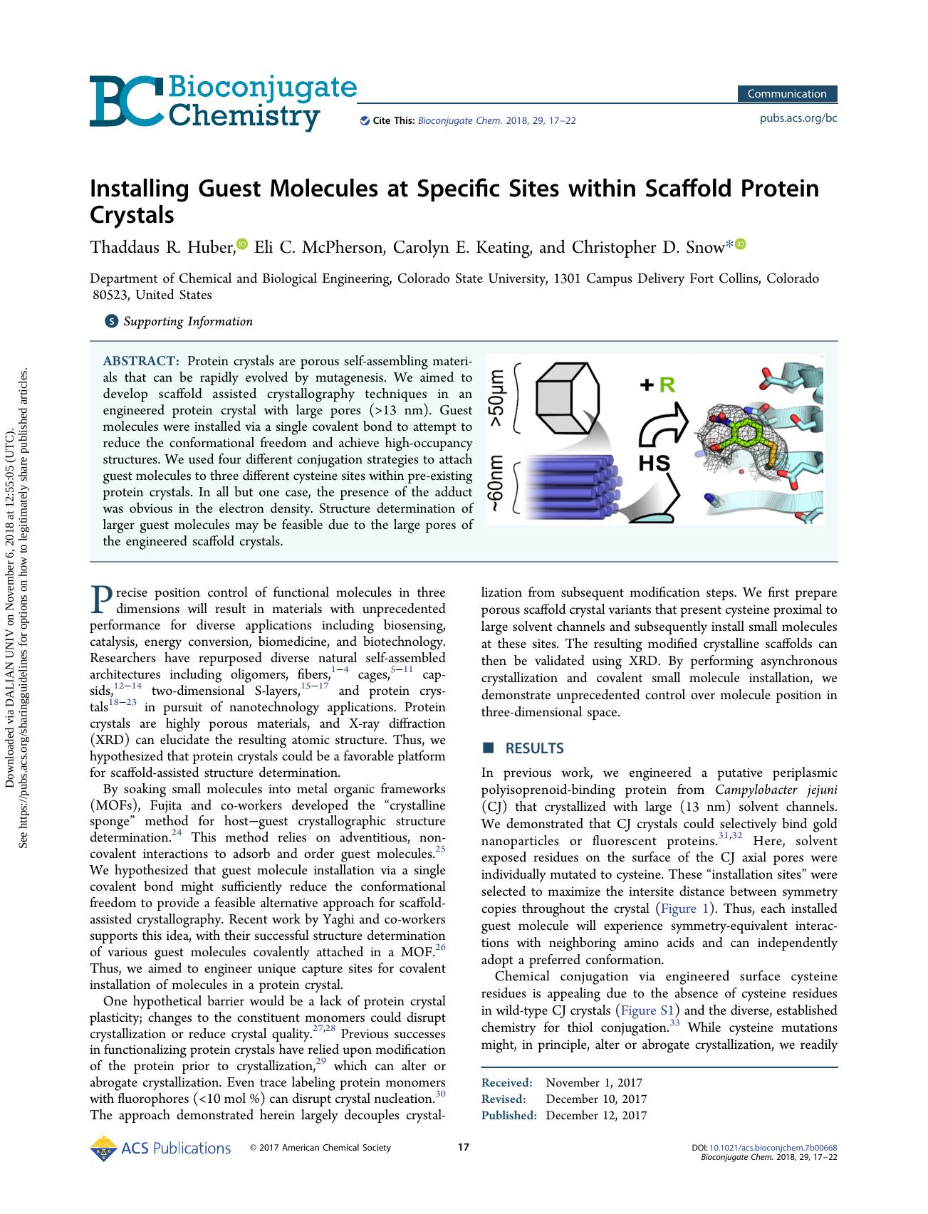 Installing Guest Molecules at Specific Sites within Scaffold Protein Crystals by Thaddaus R. Huber Eli C. McPherson Carolyn E. Keating & Christopher D. Snow