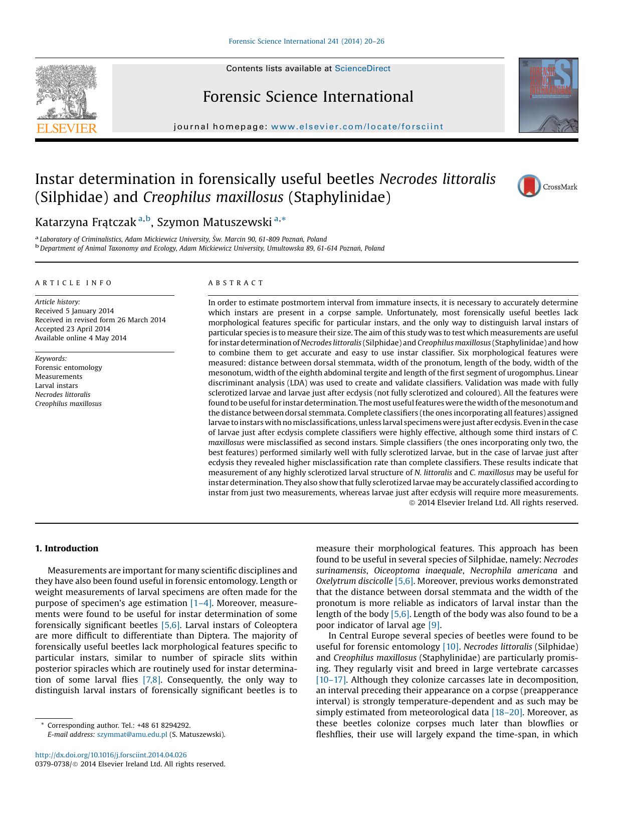 Instar determination in forensically useful beetles Necrodes littoralis (Silphidae) and Creophilus maxillosus (Staphylinidae) by Katarzyna FrÄ…tczak & Szymon Matuszewski