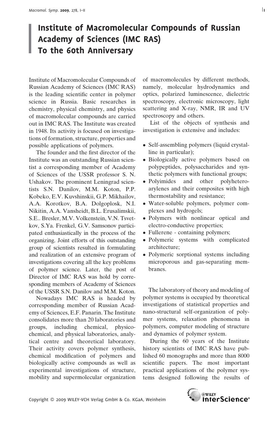 Institute of Macromolecular Compounds of Russian Academy of Sciences (IMC RAS) To the 60th Anniversary by Unknown
