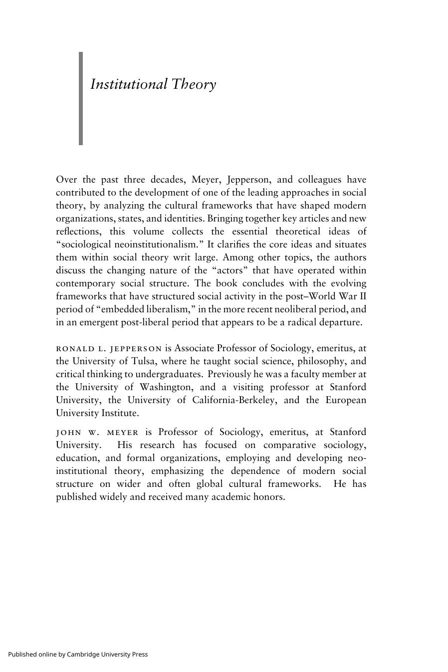 Institutional theory the cultural construction of organizations, states, and identities by John W. Meyer; Ronald L. Jepperson