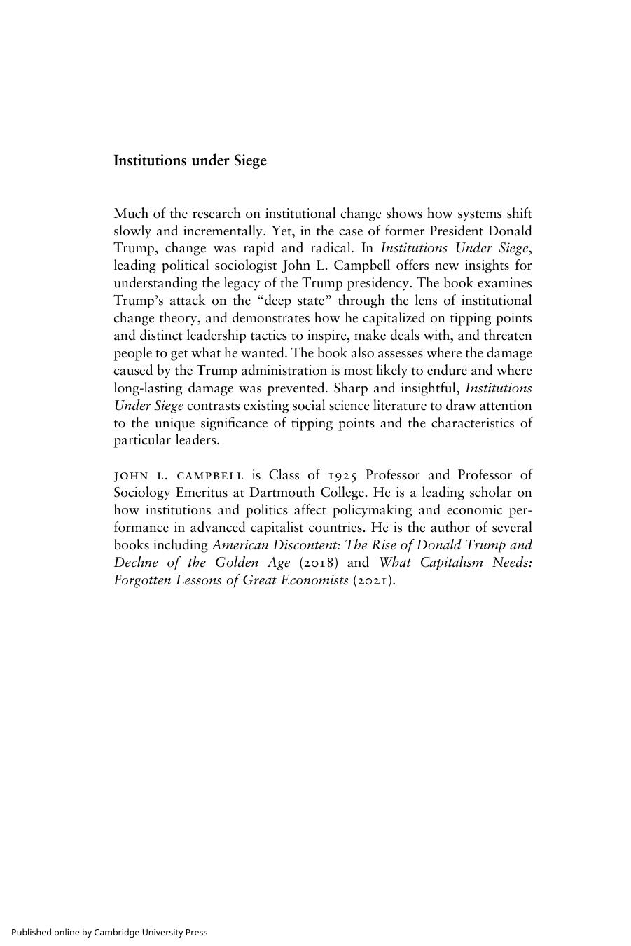 Institutions under Siege: Donald Trump's Attack on the Deep State by John L. Campbell
