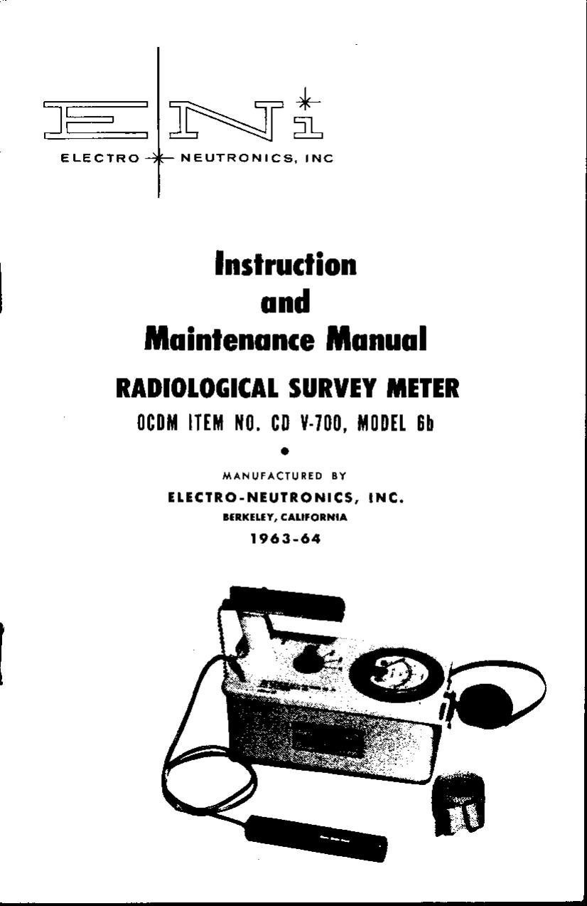 Instruction book and maintenance manual for radiological survey meter : FCDA item no. GD V-720 model 1 chatam model CH720 by Chatham Electronics. Division of Gera Corporation