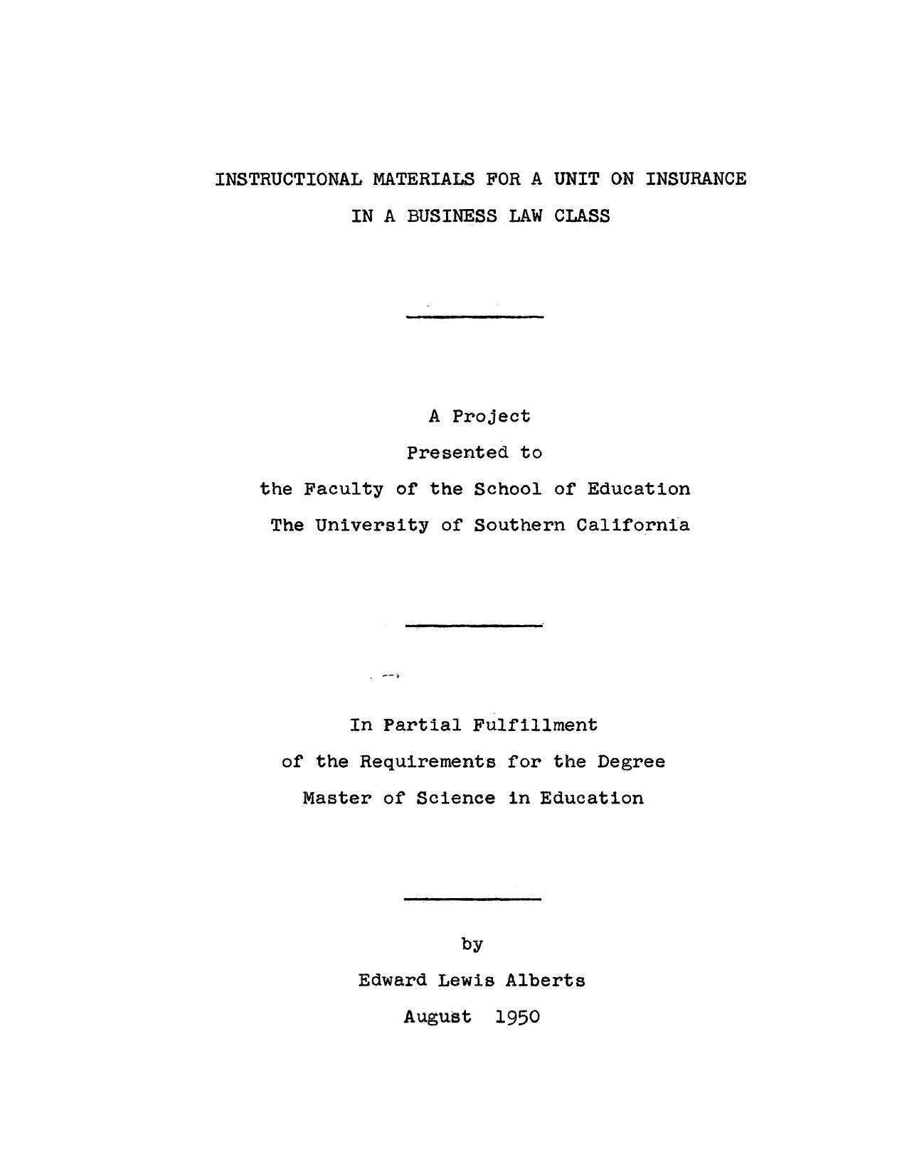 Instructional materials for a unit on insurance in a business law class by Alberts Edward Lewis