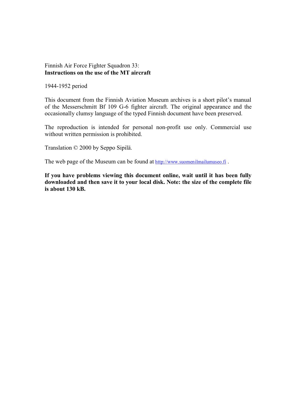 Instructions on the use of the MT aircraft by HLeLv 33 / Finnish Aviation Museum / Seppo Sipilä