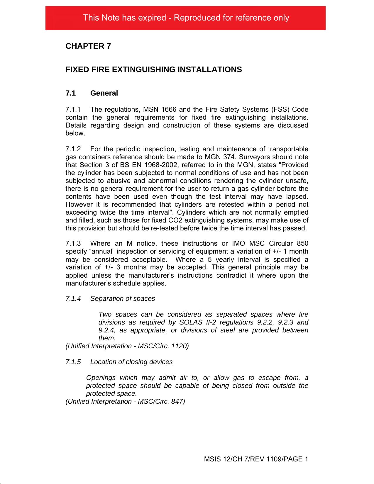 Instructions to Surveyors - MSIS 12 - Fire Protection Arrangements - Chapter 07 - Fixed Fire Extinguishing Installations by Redistributed by Regs4ships Ltd