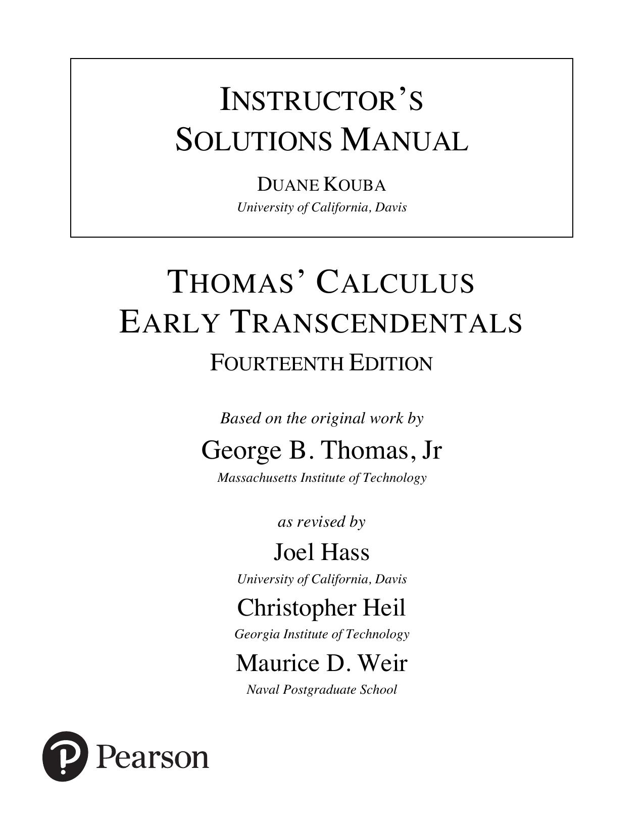 Instructor's Solutions Manual Thomas' Calculus Early Transcendentals Fourteenth Edition by Duane Kouba