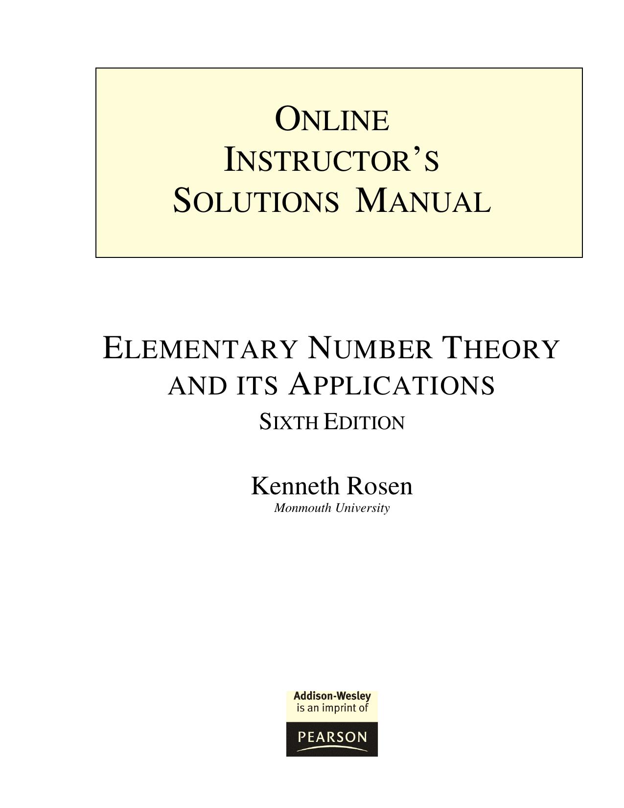 Instructor's Solutions Manual for Elementary Number Theory and Its Applications, 6th Ed. by Kenneth H. Rosen