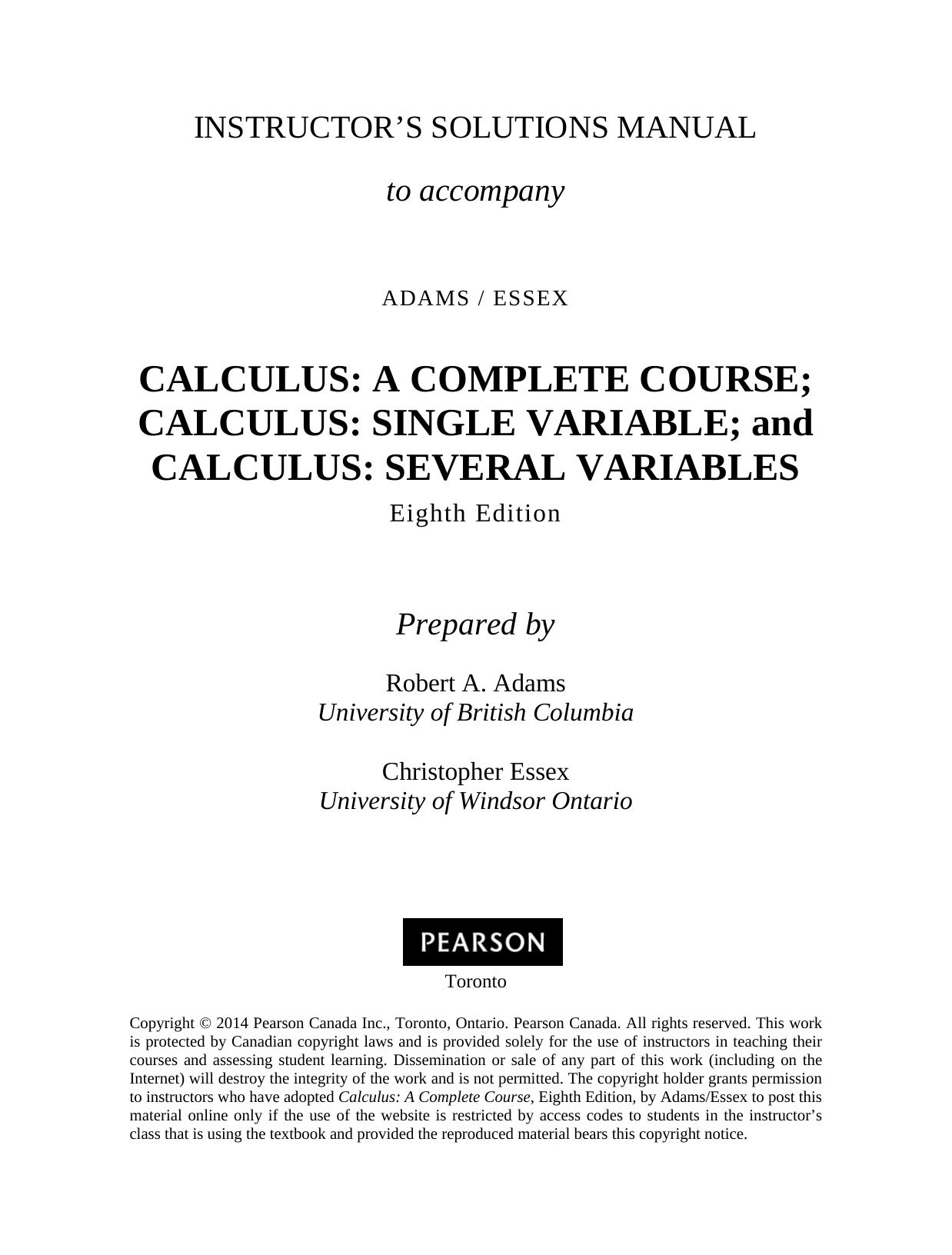 Instructor's Solutions Manual to Calculus: A Complete Course by Unknow