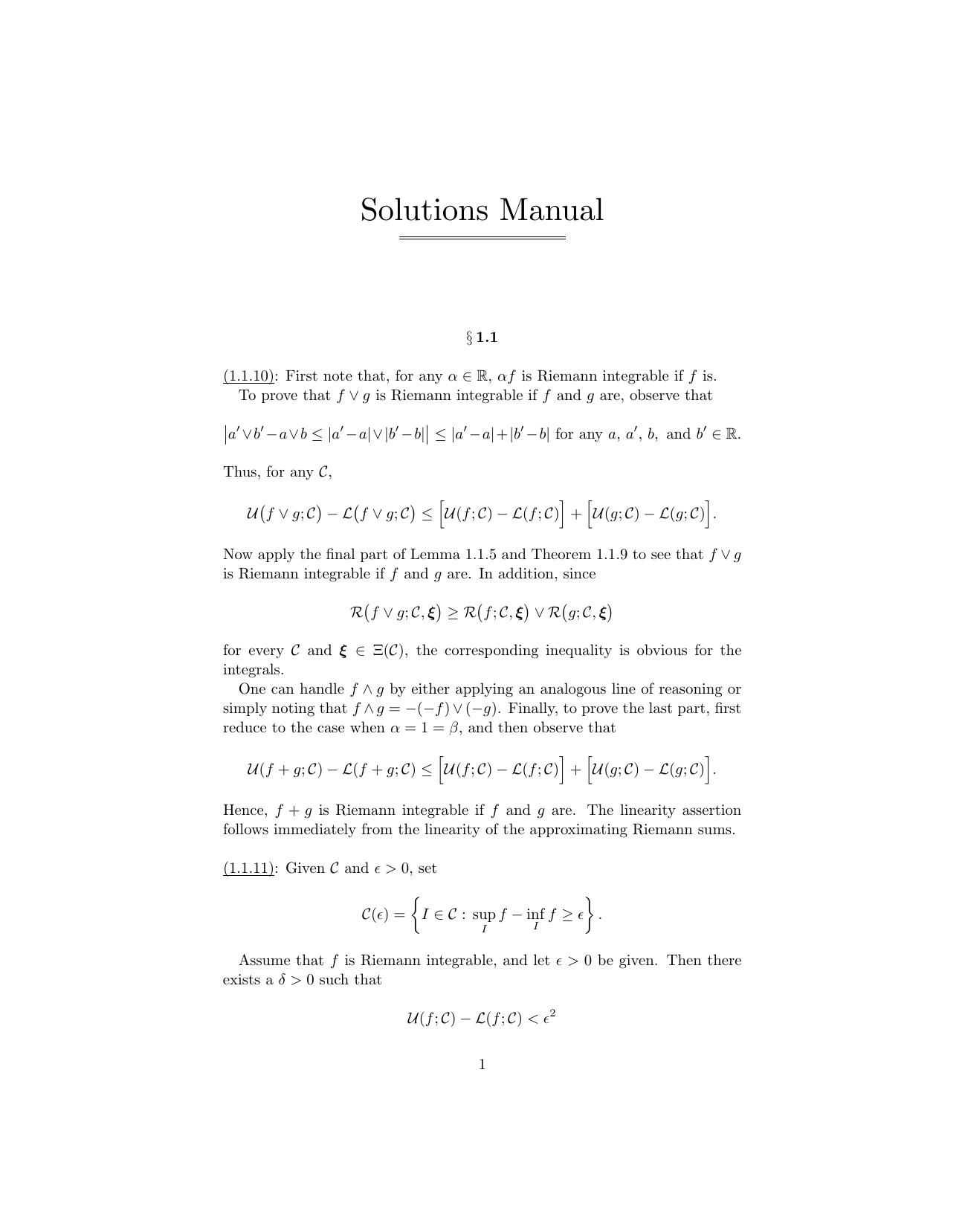 Instructor's Solutions Manual to Essentials of Integration Theory for Analysis by Daniel W. Stroock