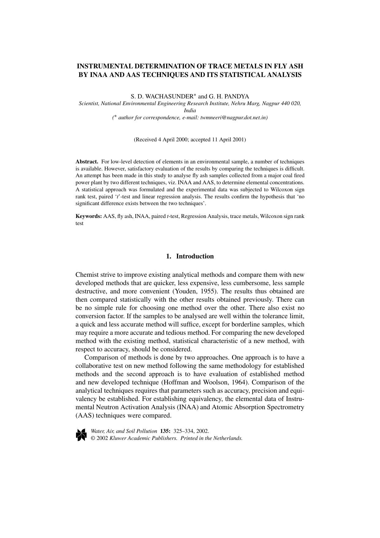 Instrumental Determination of Trace Metals in Fly Ash by INAA and AAS Techniques and its Statistical Analysis by Unknown